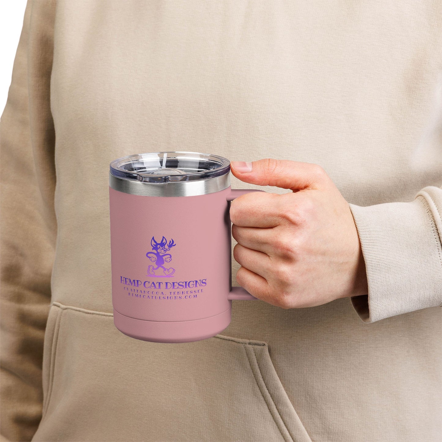 Mr. Hemp Cat 15oz Insulated Tumbler — Purple Logo Coffee Mug