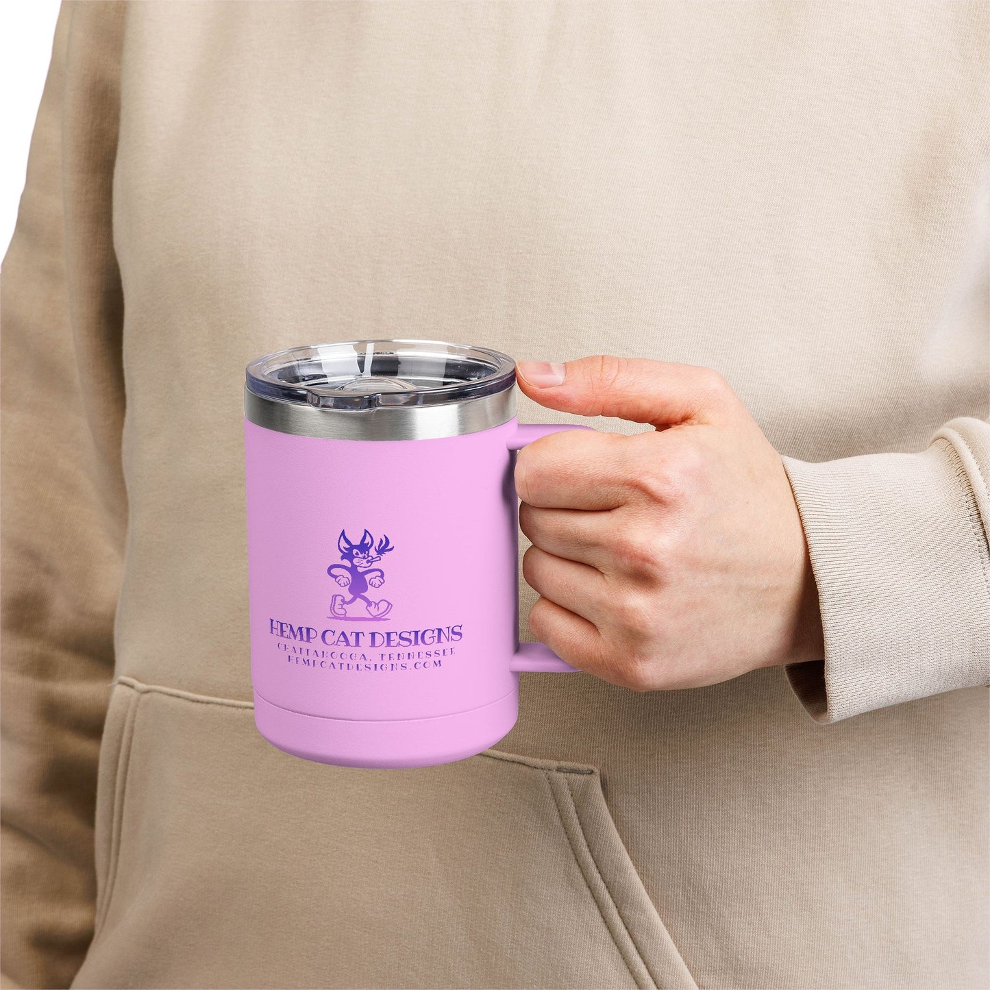 Mr. Hemp Cat 15oz Insulated Tumbler — Purple Logo Coffee Mug