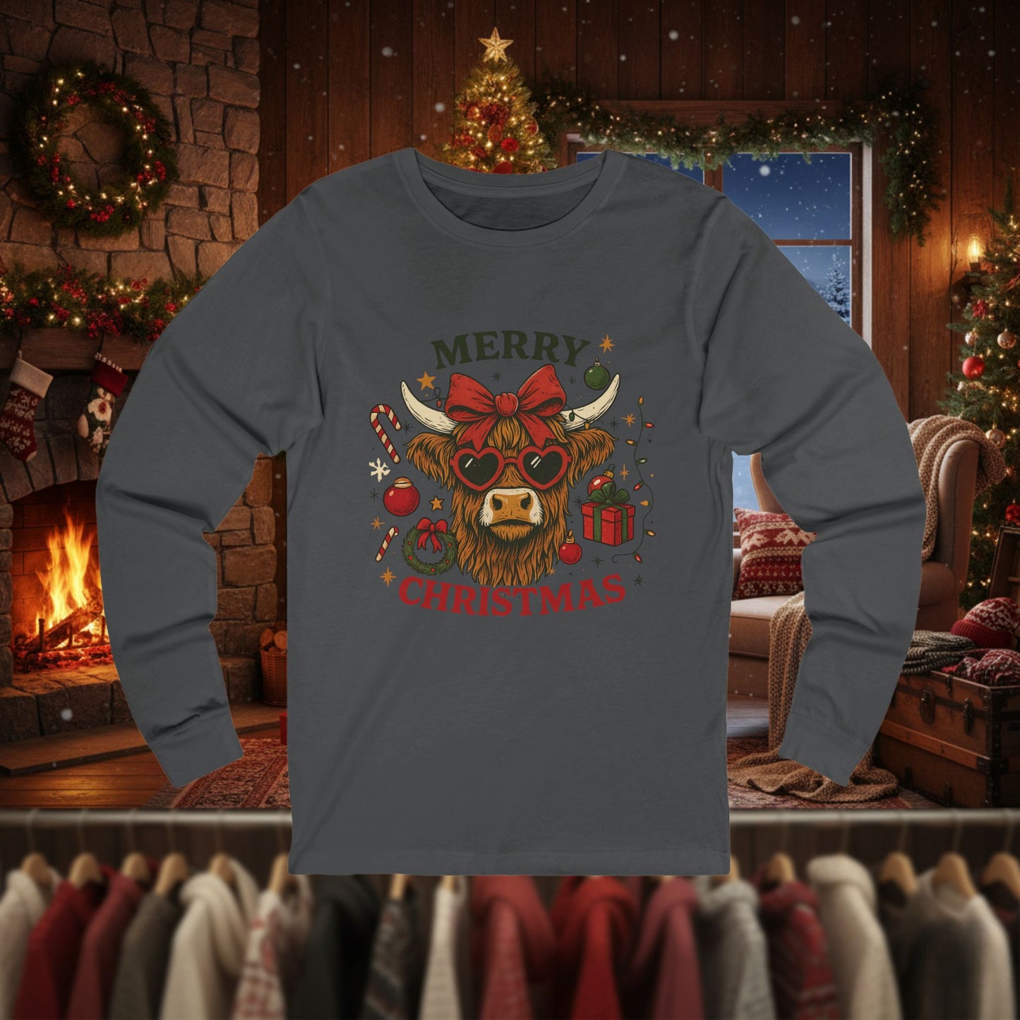 Funny Merry Christmas Cow Long Sleeve Tee — Festive Farm Animal Holiday Shirt