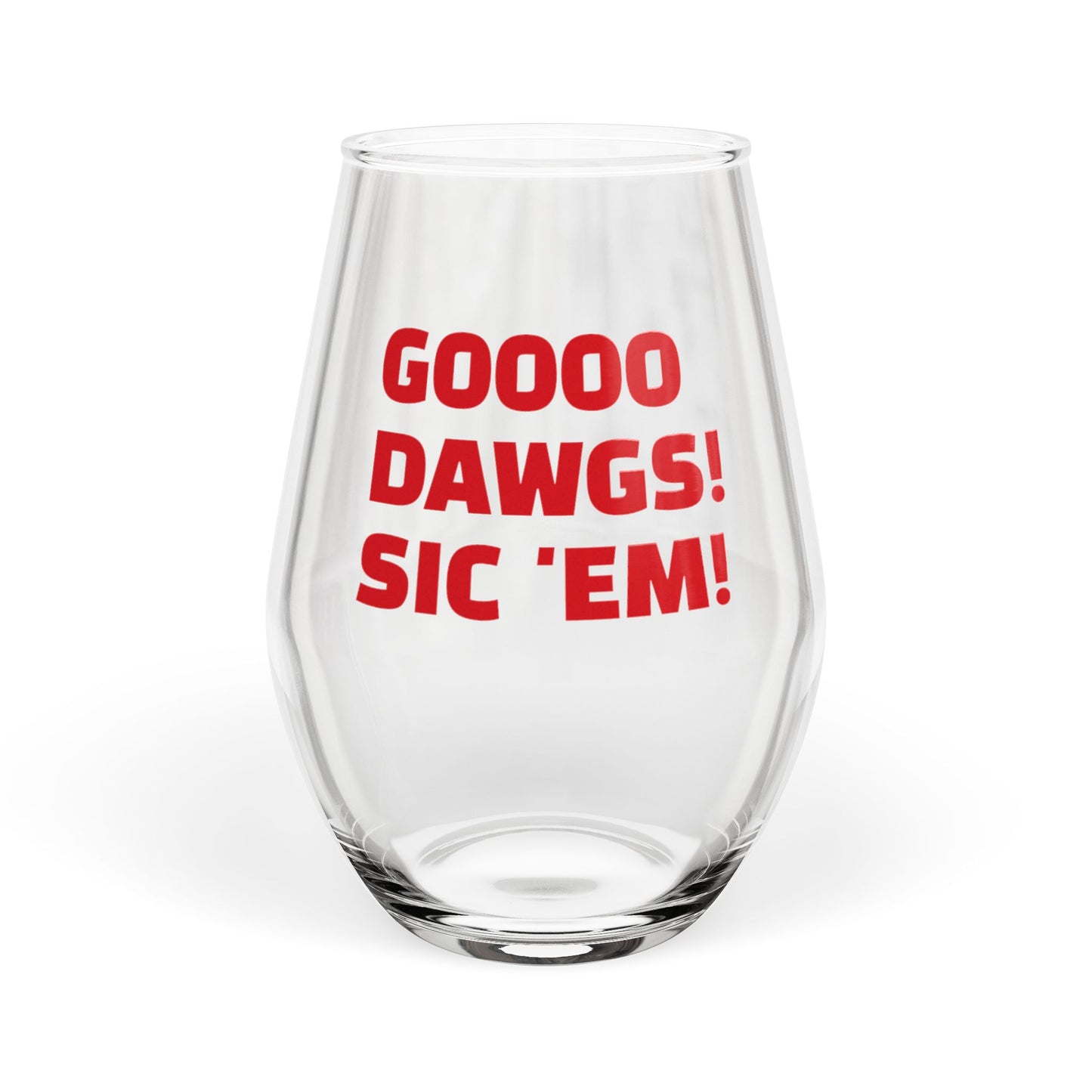 Game Day Stemless Wine Glass | Fun Drinkware for Sports Fans | Perfect for Tailgating. Featuring "GOOOO DAWGS! SIC 'EM."