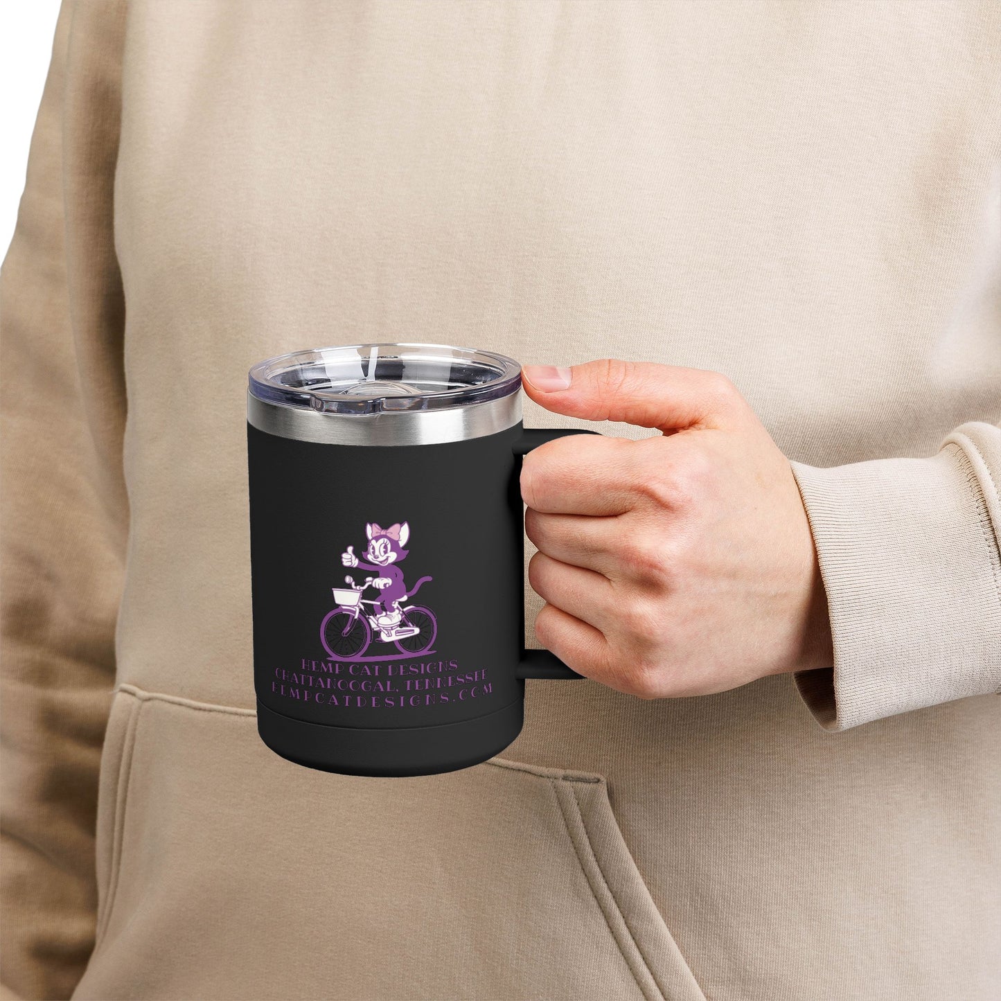 Mrs. Hemp Cat Retro Cat on Bike 15oz Travel Mug Tumbler