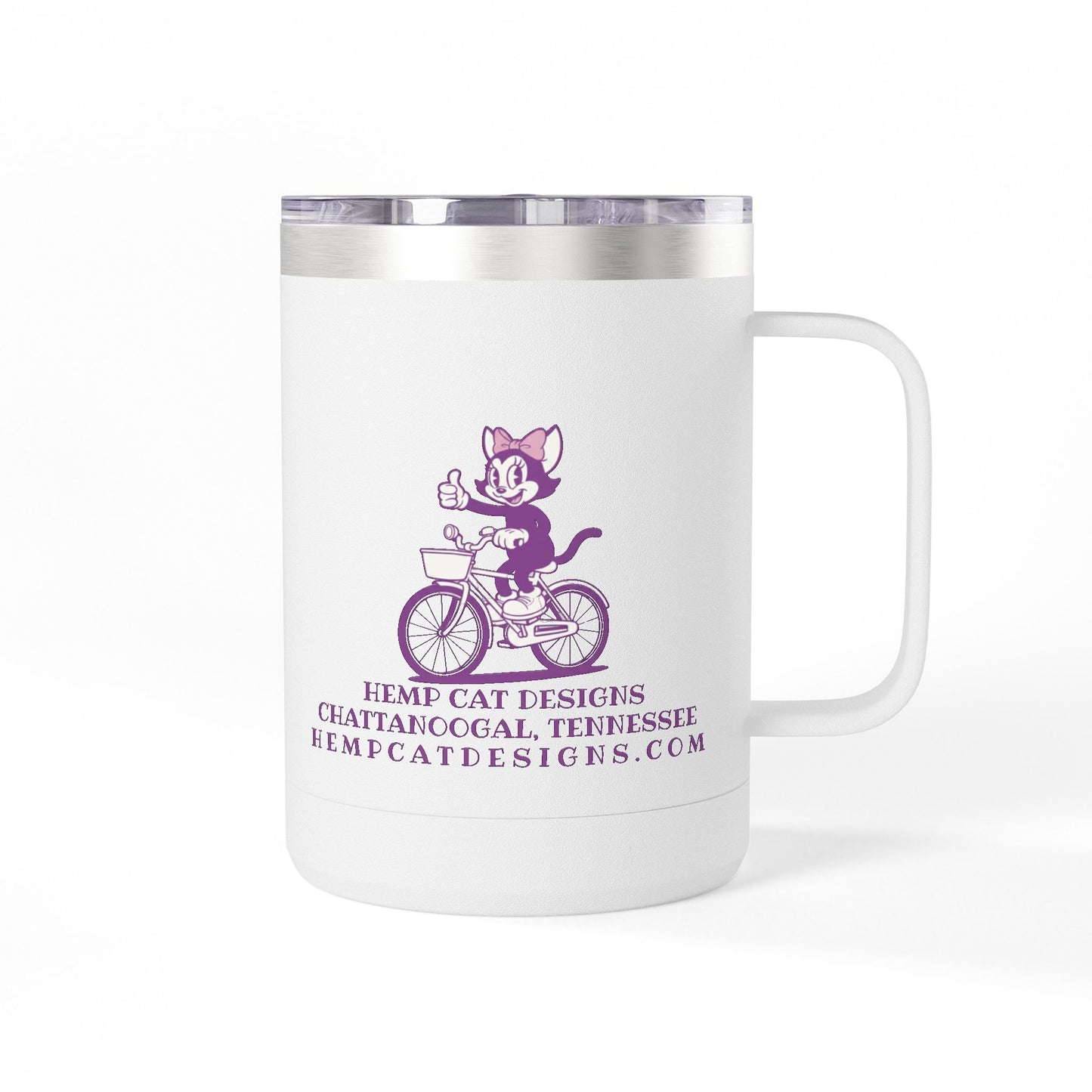 Mrs. Hemp Cat Retro Cat on Bike 15oz Travel Mug Tumbler