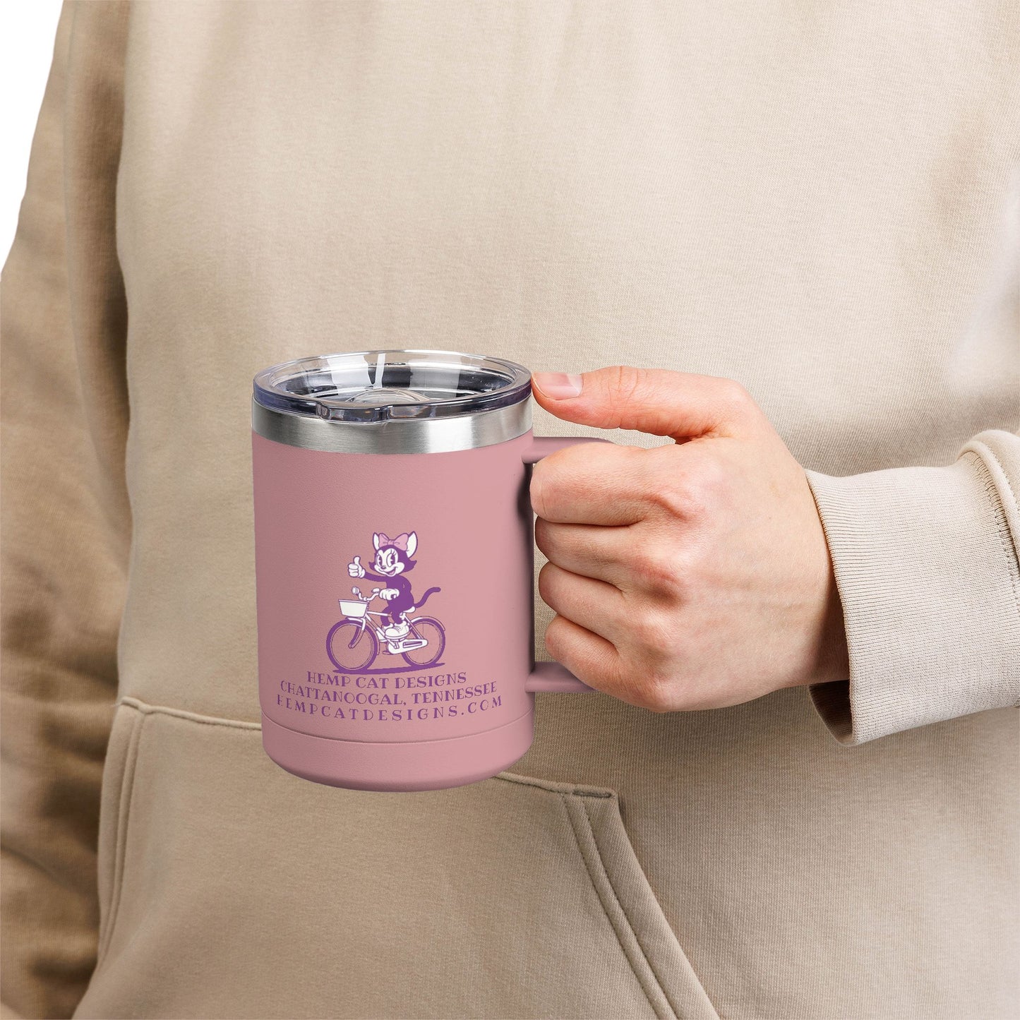 Mrs. Hemp Cat Retro Cat on Bike 15oz Travel Mug Tumbler