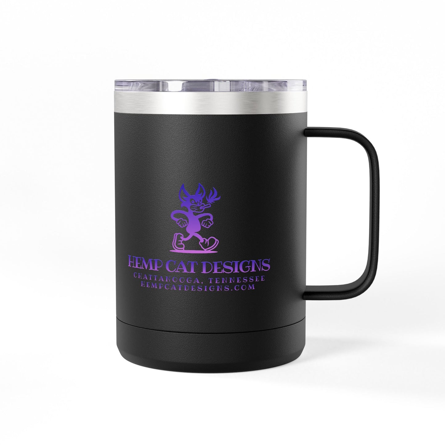 Mr. Hemp Cat 15oz Insulated Tumbler — Purple Logo Coffee Mug