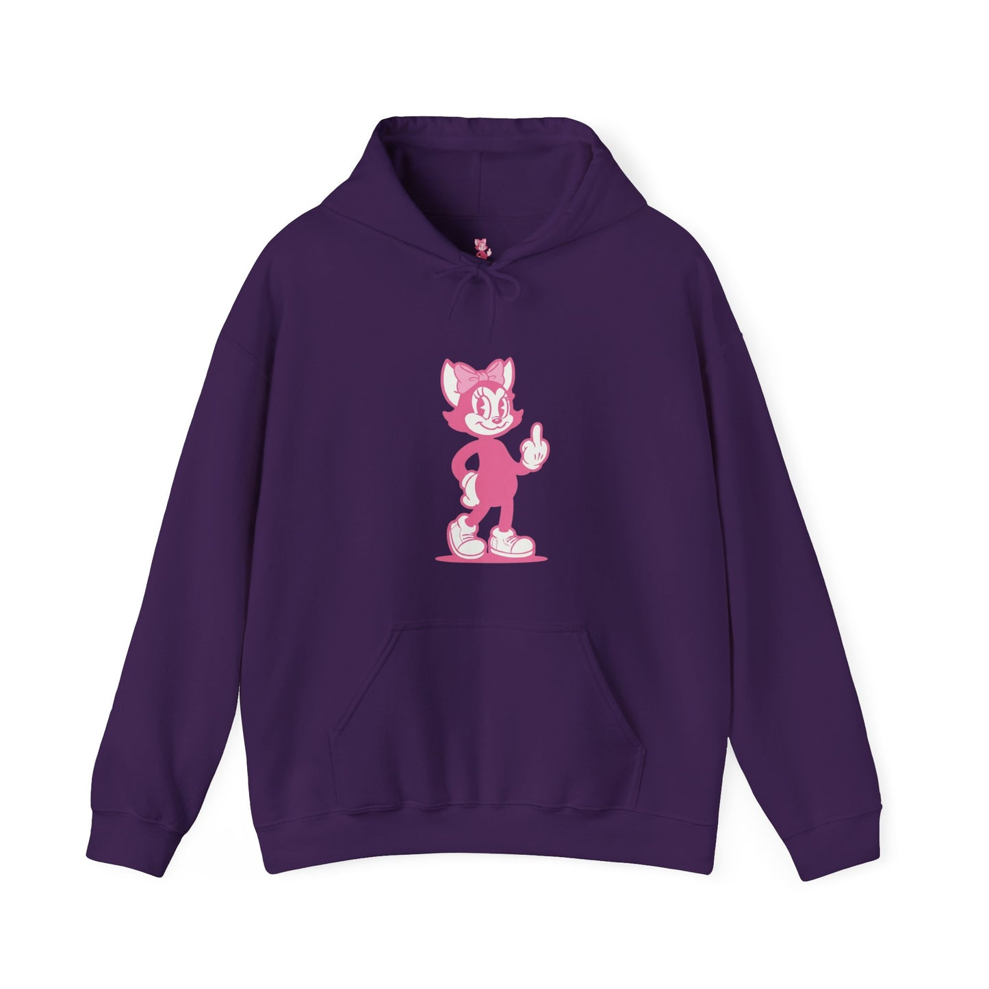 Whimsical Pink Retro Cartoon Cat Hoodie — Middle Finger Graphic Streetwear