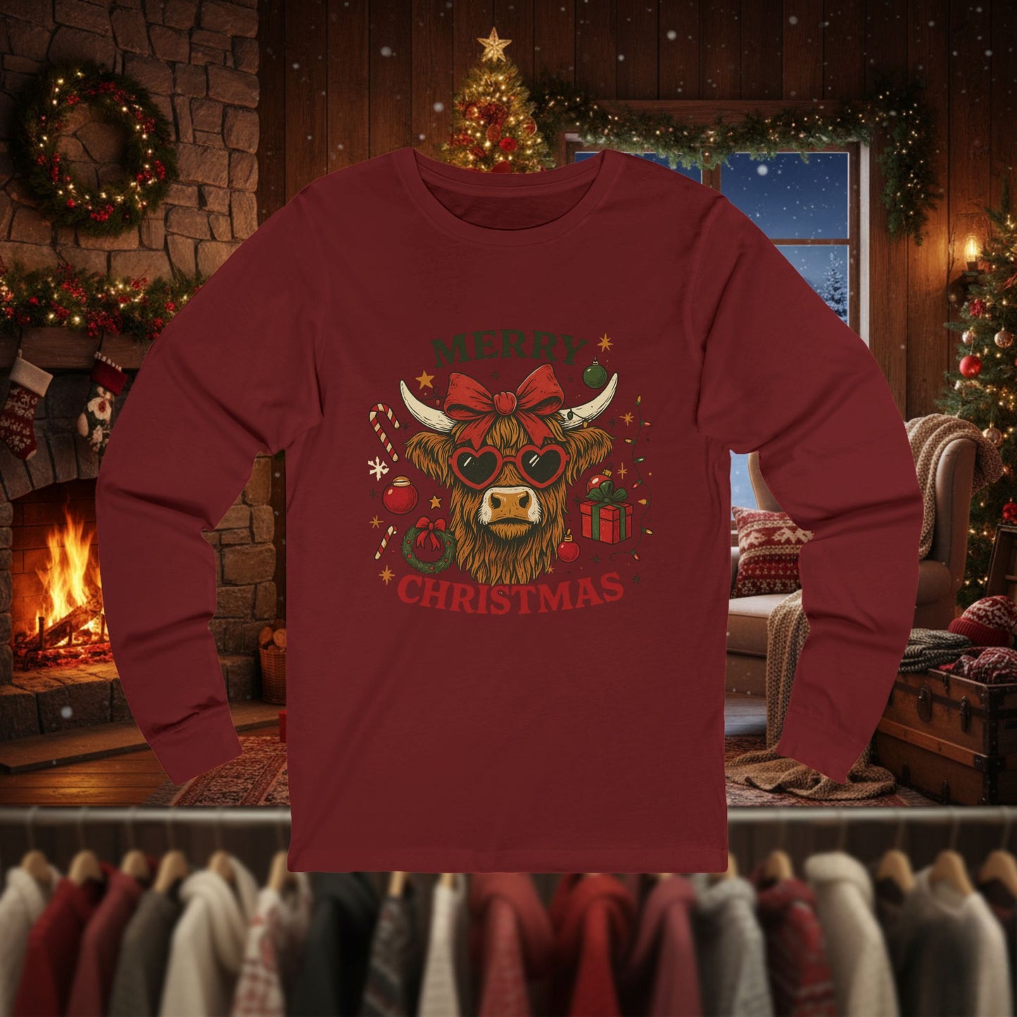 Funny Merry Christmas Cow Long Sleeve Tee — Festive Farm Animal Holiday Shirt