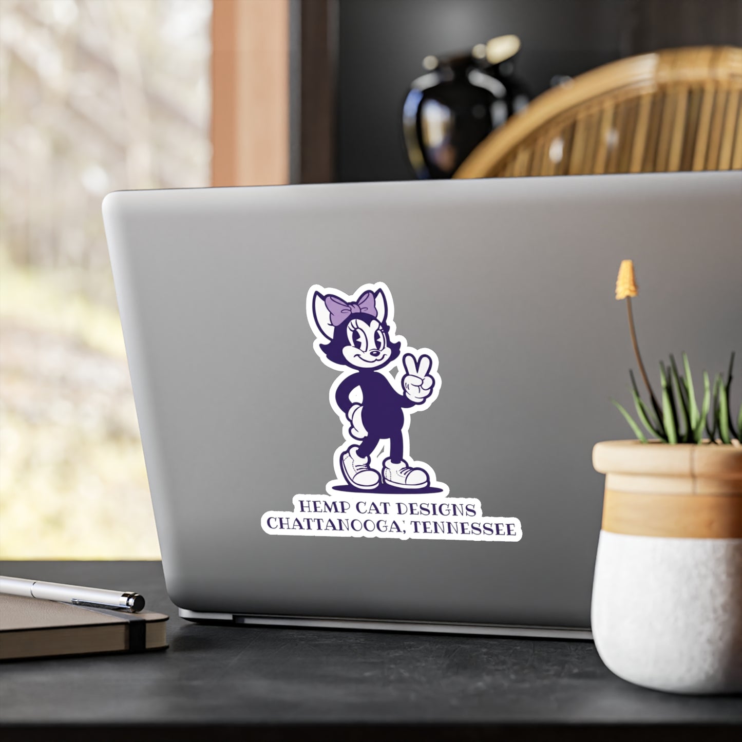 Mrs. Hemp Cat Throwin' A Peace Sign - Playful Cat Vinyl Decal - Cute Sticker for Home Decor & Gifts