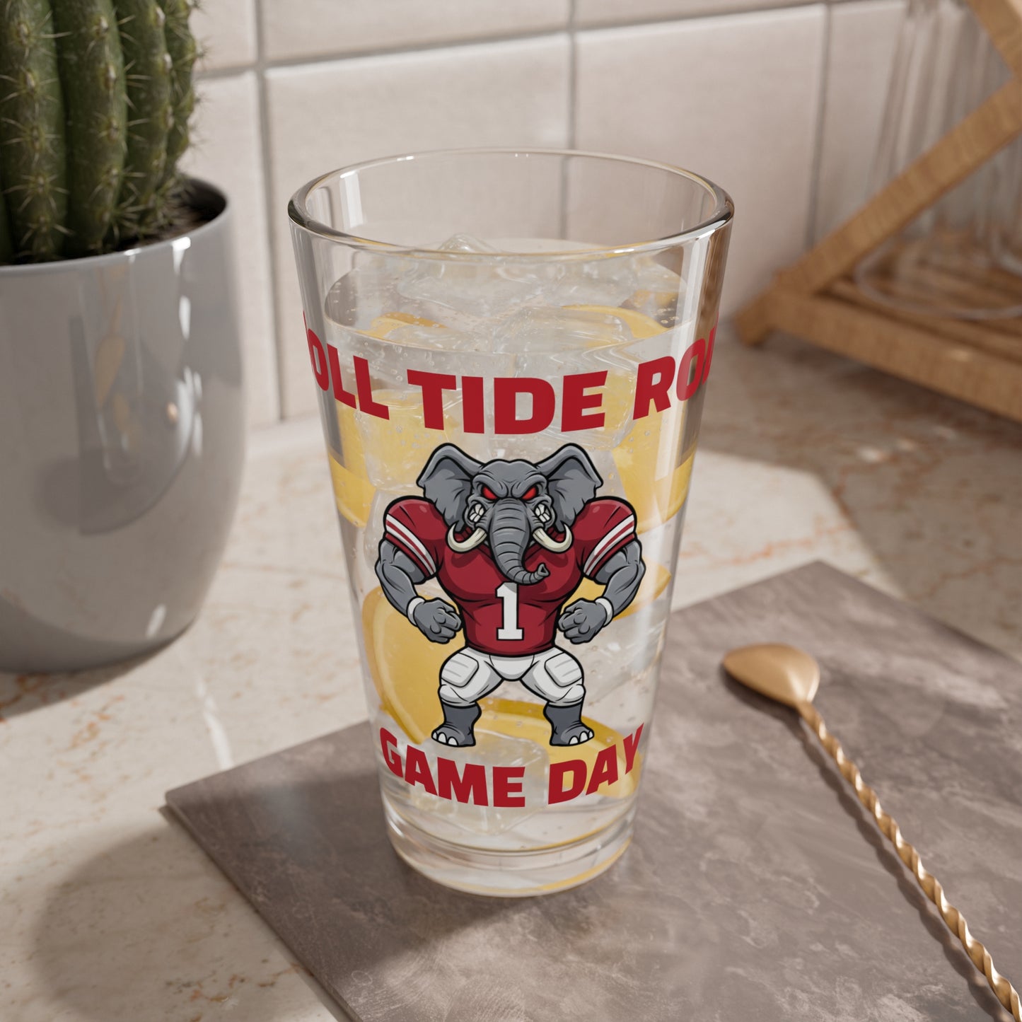 Bama Game Day Elephant Mixing Glass — 16oz "Roll Tide Roll" Football Pint