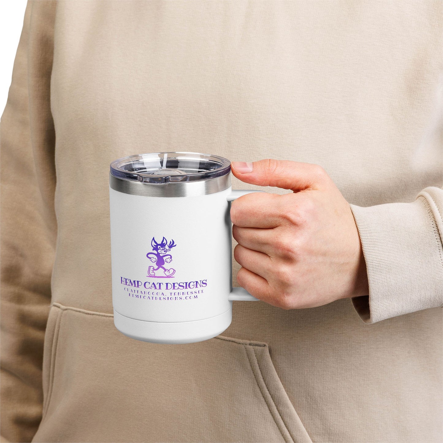 Mr. Hemp Cat 15oz Insulated Tumbler — Purple Logo Coffee Mug