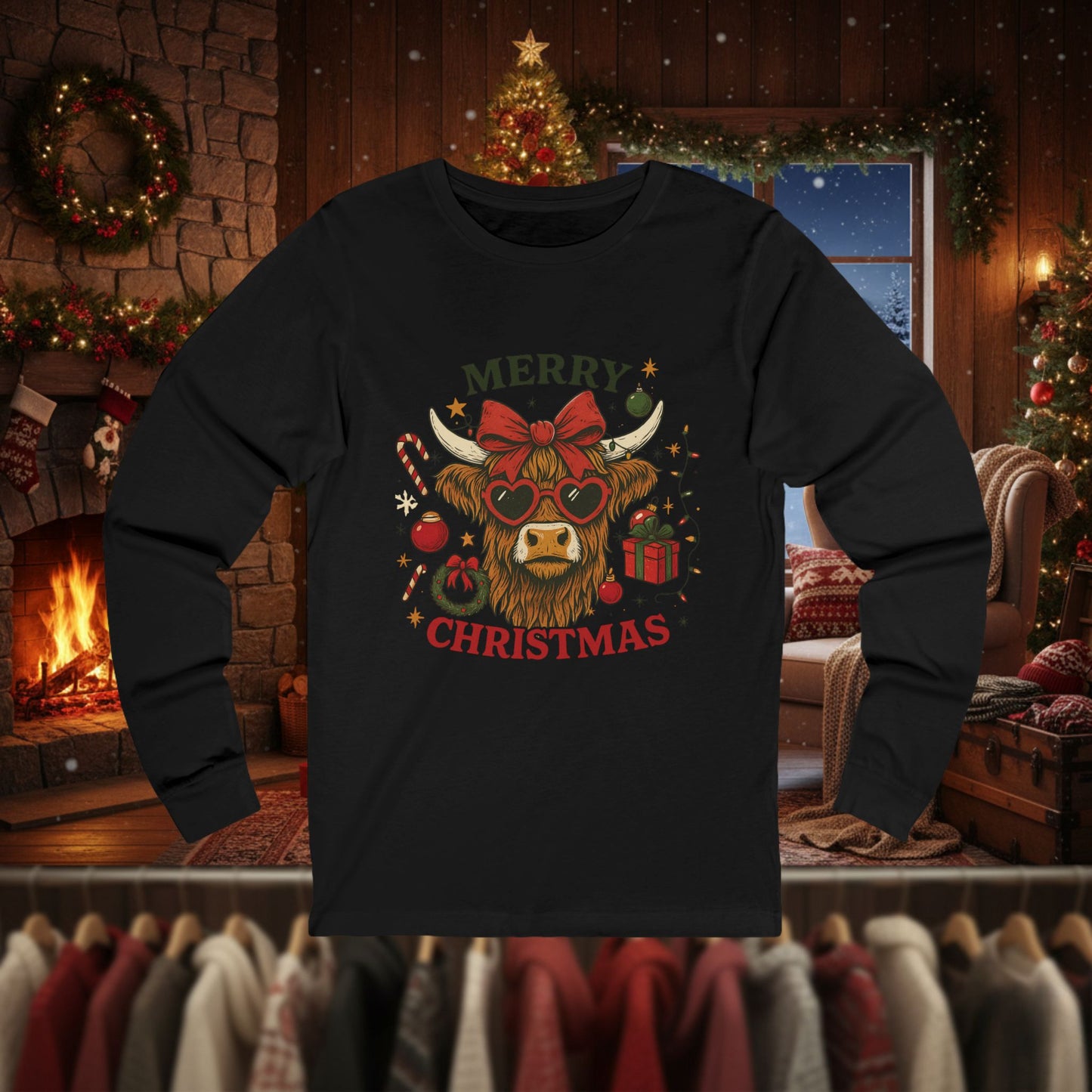 Funny Merry Christmas Cow Long Sleeve Tee — Festive Farm Animal Holiday Shirt