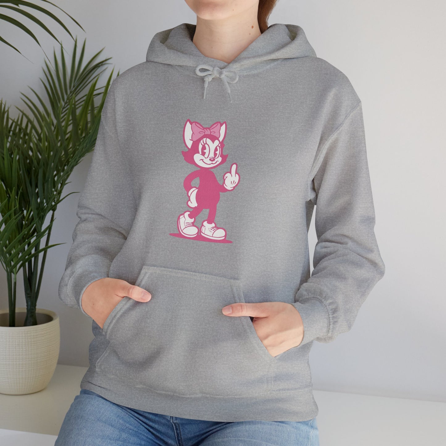 Whimsical Pink Retro Cartoon Cat Hoodie — Middle Finger Graphic Streetwear
