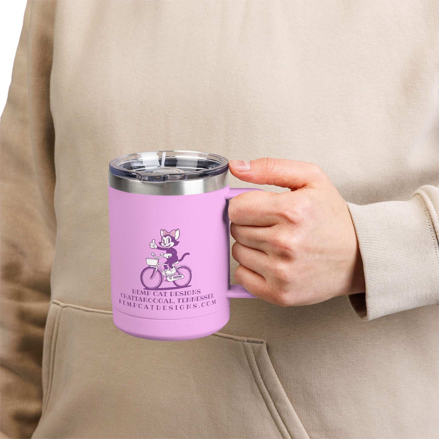 Mrs. Hemp Cat Retro Cat on Bike 15oz Travel Mug Tumbler