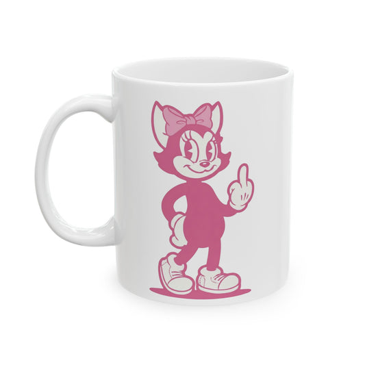 Mrs. Hemp Cat Flipping the Finger Ceramic Mug — Cute Pink Whimsical Coffee Cup (11oz, 15oz)