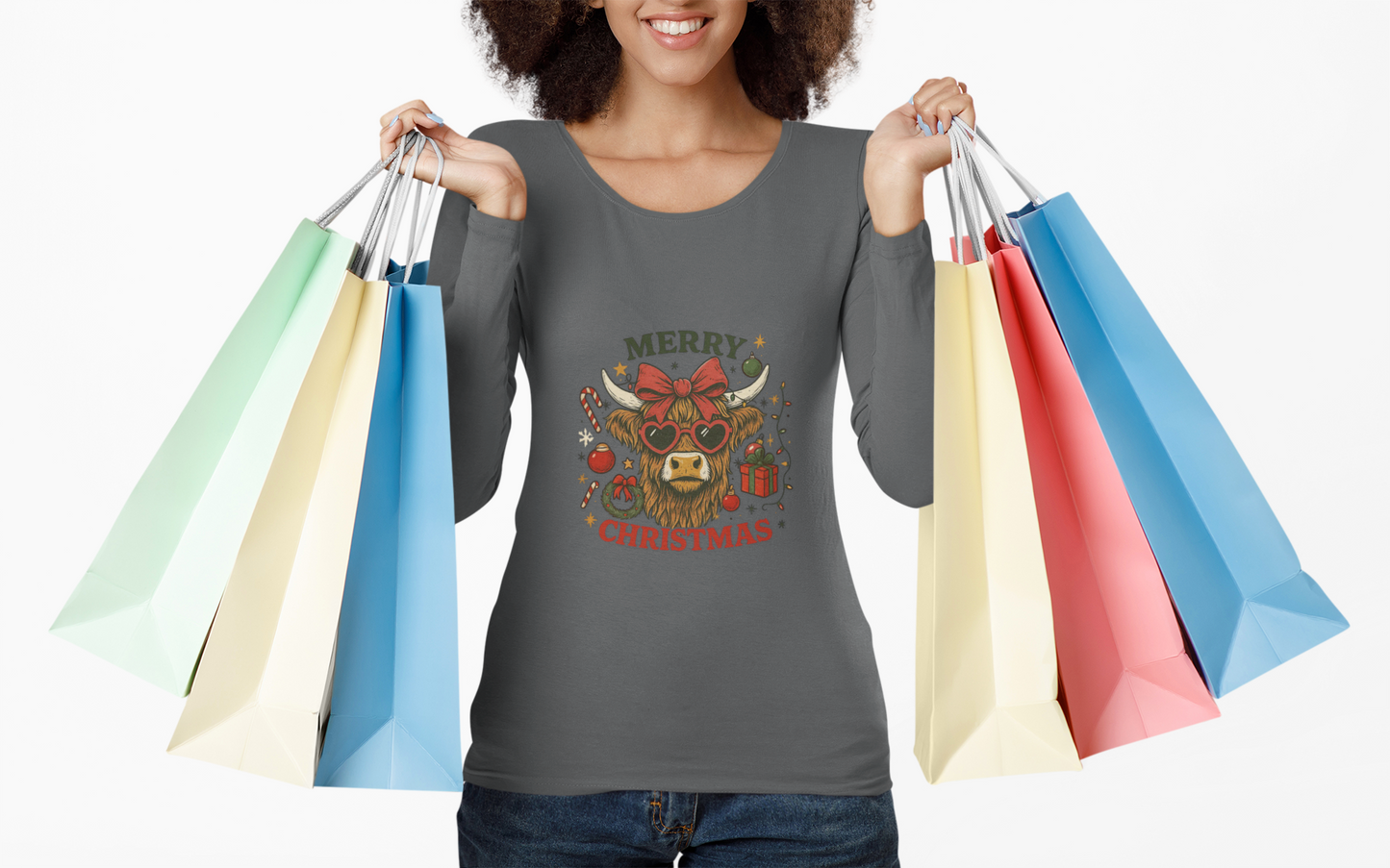 Funny Merry Christmas Cow Long Sleeve Tee — Festive Farm Animal Holiday Shirt