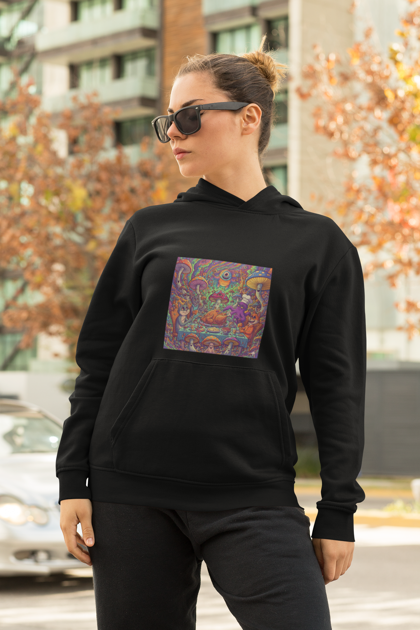 Psychedelic Mushroom Art Hoodie — Colorful Trippy Forest Graphic Sweatshirt
