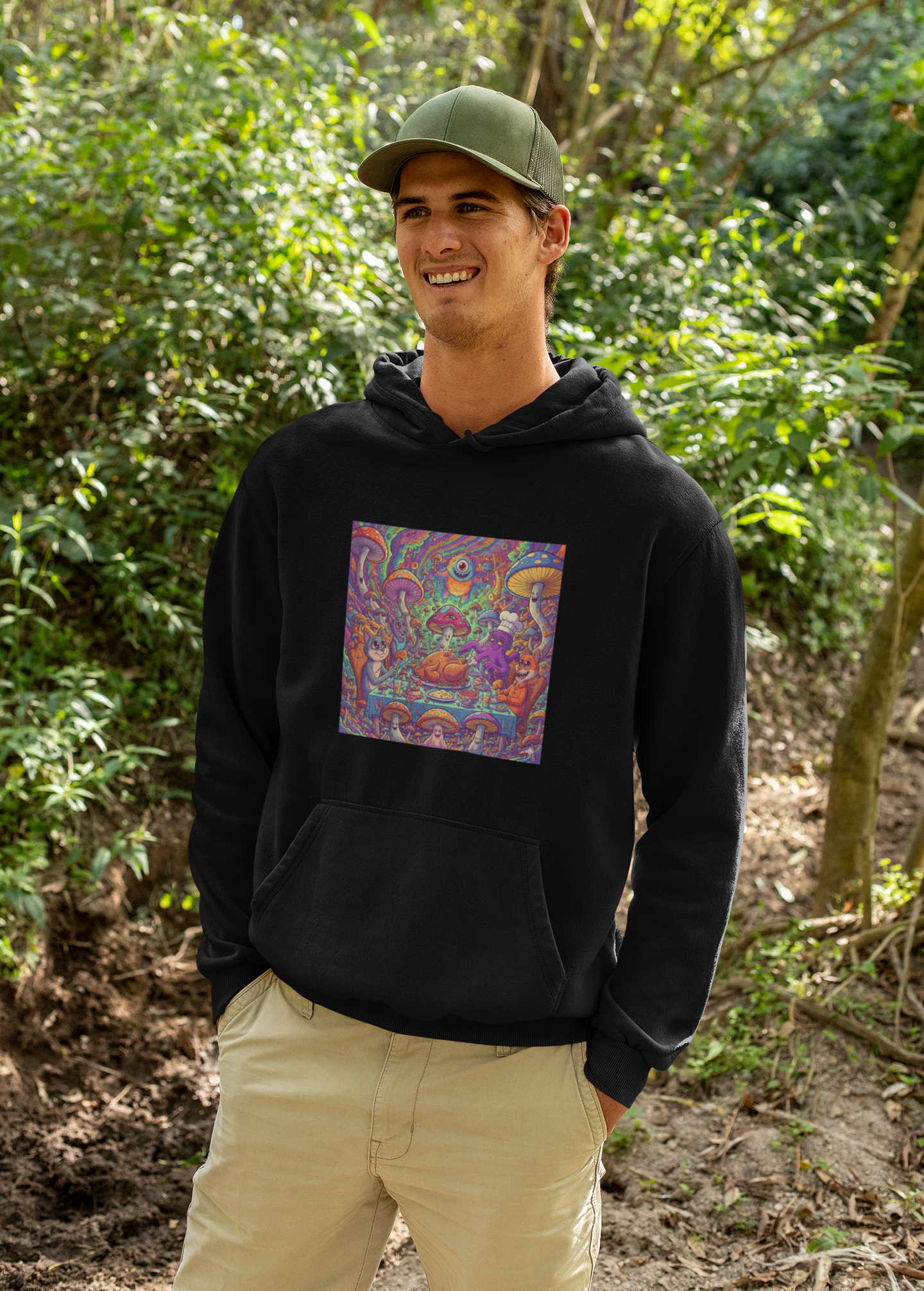 Psychedelic Mushroom Art Hoodie — Colorful Trippy Forest Graphic Sweatshirt