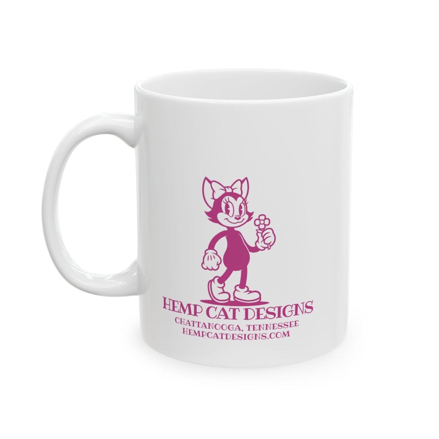 Mrs. Hemp Cat Holding A Flower Funny Ceramic Mug with Playful Design - 11oz & 15oz