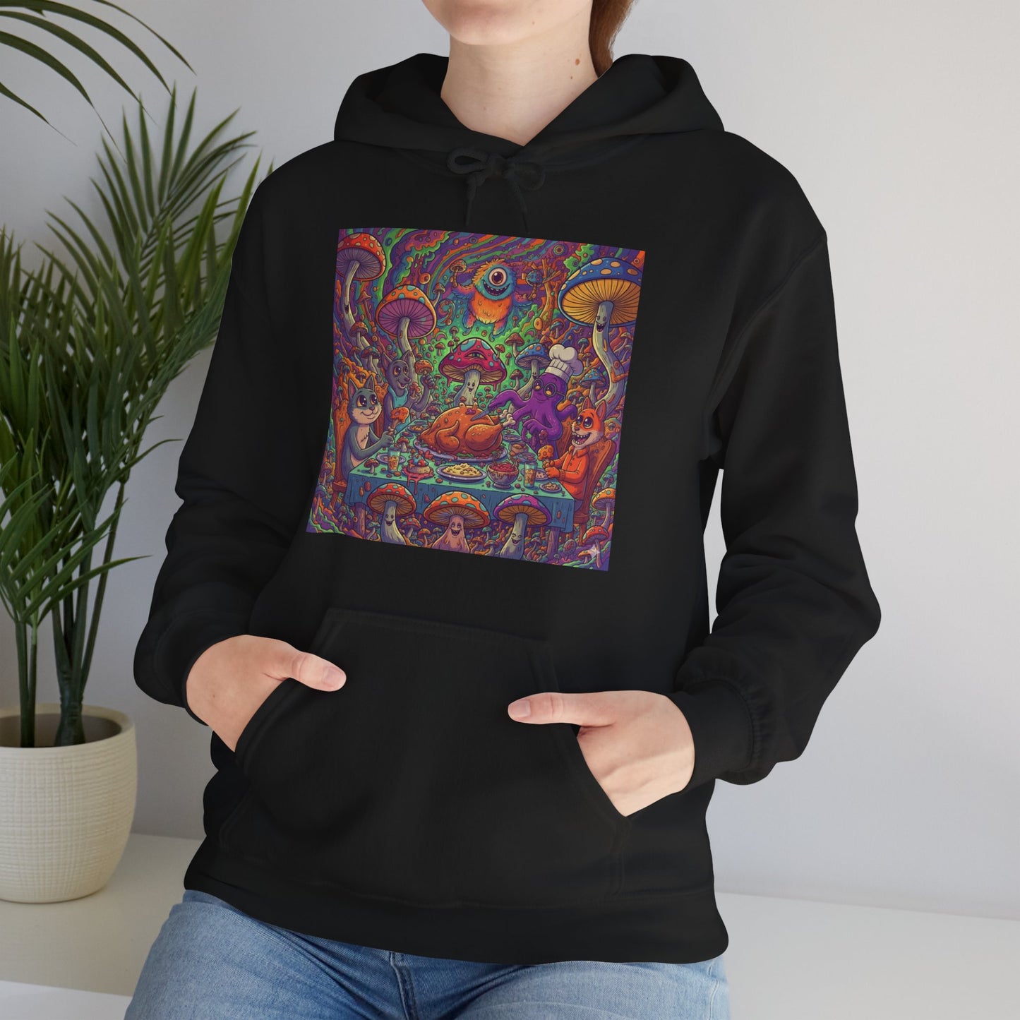 Psychedelic Mushroom Art Hoodie — Colorful Trippy Forest Graphic Sweatshirt