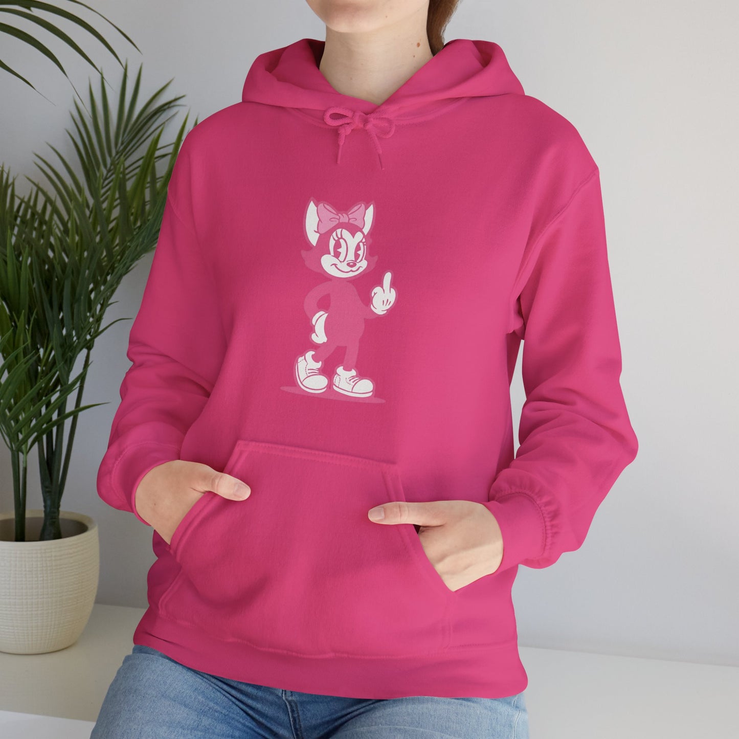 Whimsical Pink Retro Cartoon Cat Hoodie — Middle Finger Graphic Streetwear