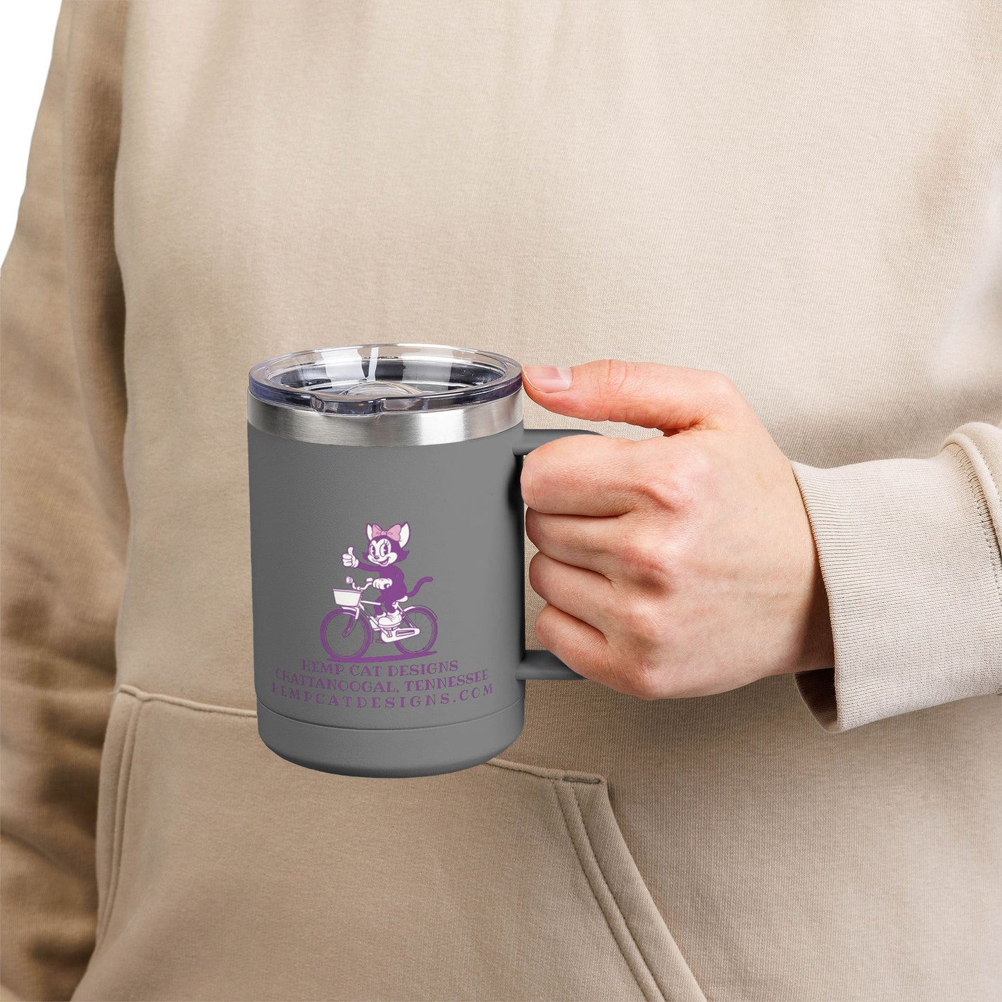 Mrs. Hemp Cat Retro Cat on Bike 15oz Travel Mug Tumbler