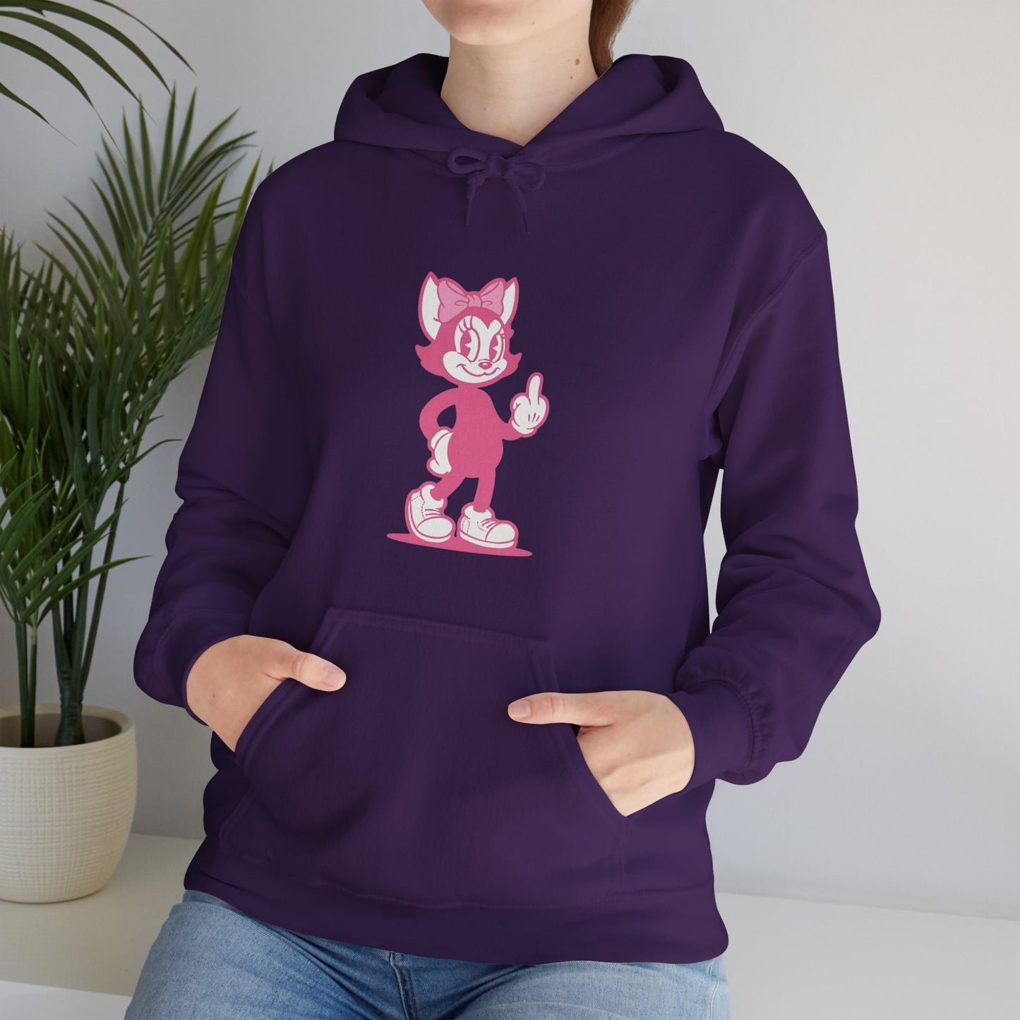 Whimsical Pink Retro Cartoon Cat Hoodie — Middle Finger Graphic Streetwear