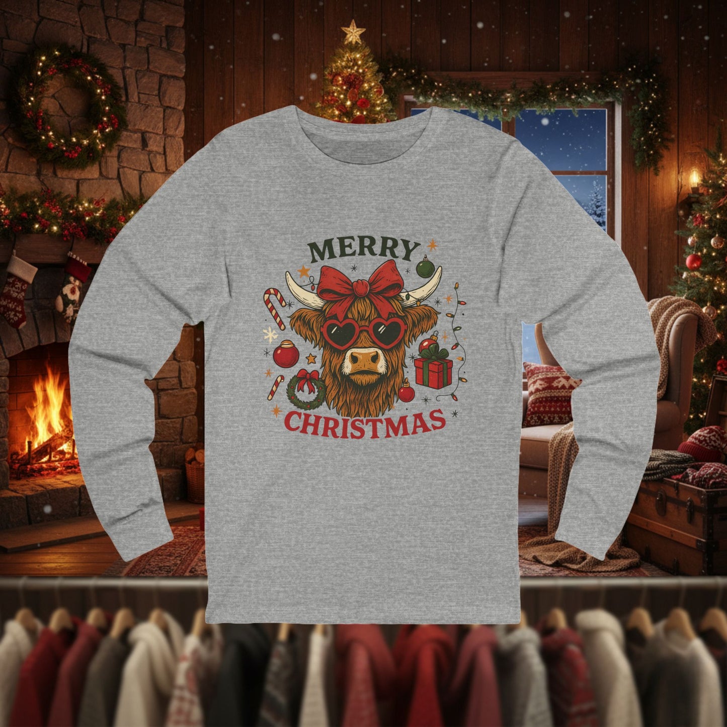 Funny Merry Christmas Cow Long Sleeve Tee — Festive Farm Animal Holiday Shirt