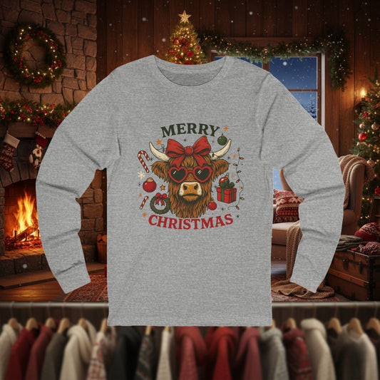 Funny Merry Christmas Cow Long Sleeve Tee — Festive Farm Animal Holiday Shirt