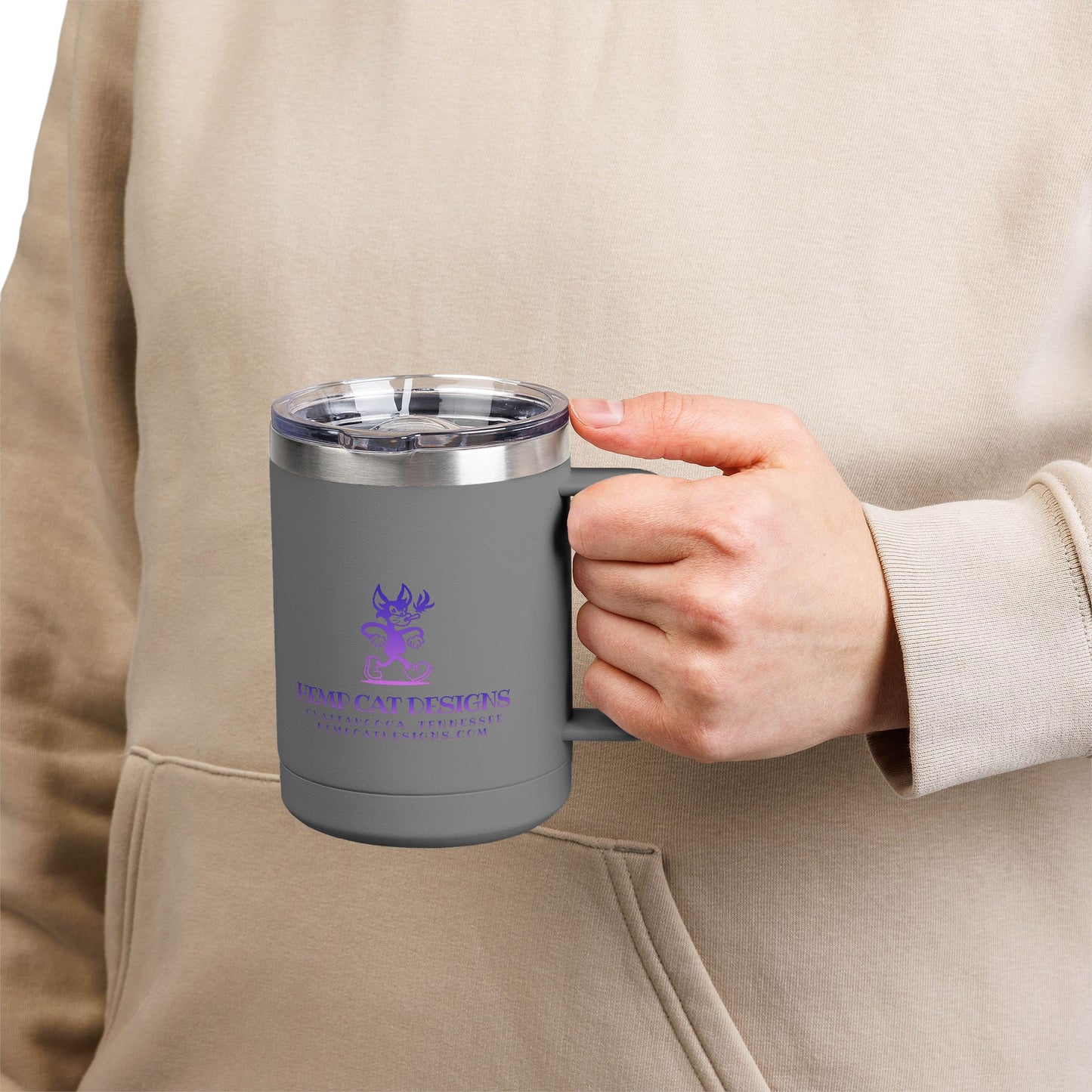 Mr. Hemp Cat 15oz Insulated Tumbler — Purple Logo Coffee Mug