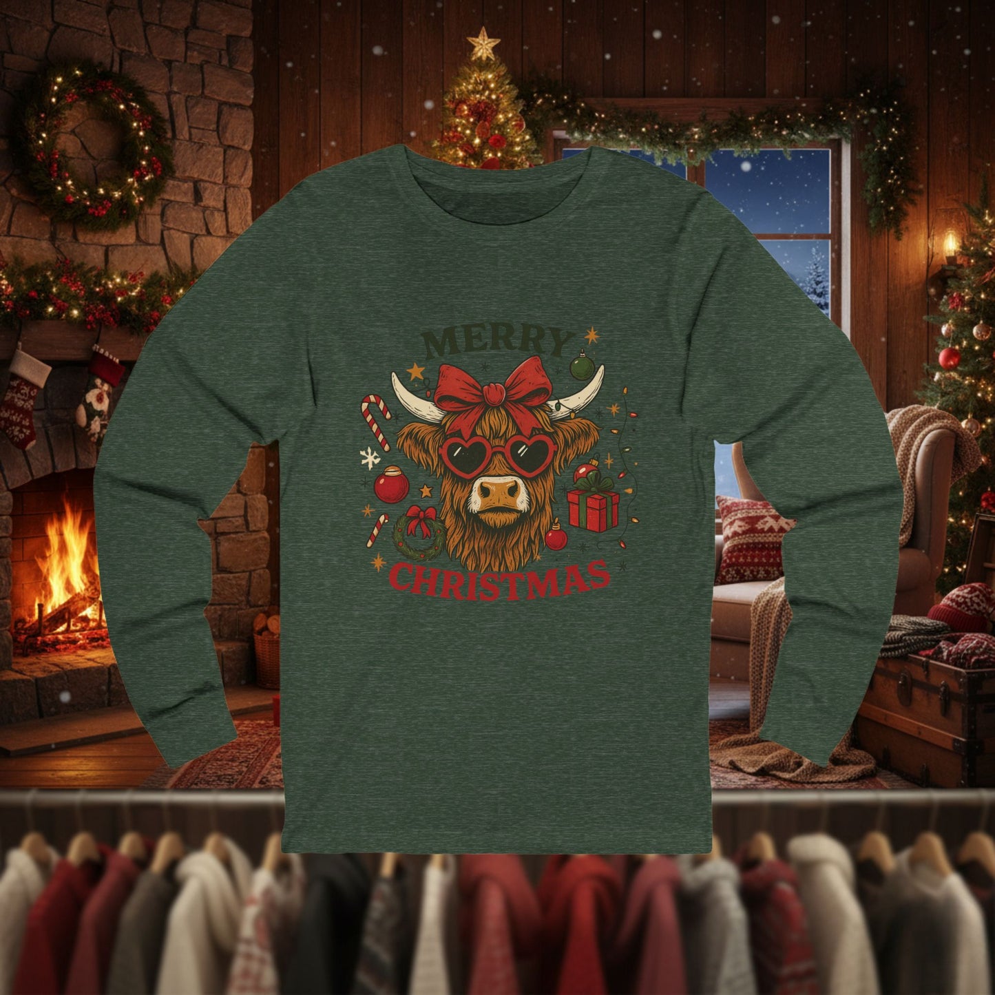 Funny Merry Christmas Cow Long Sleeve Tee — Festive Farm Animal Holiday Shirt