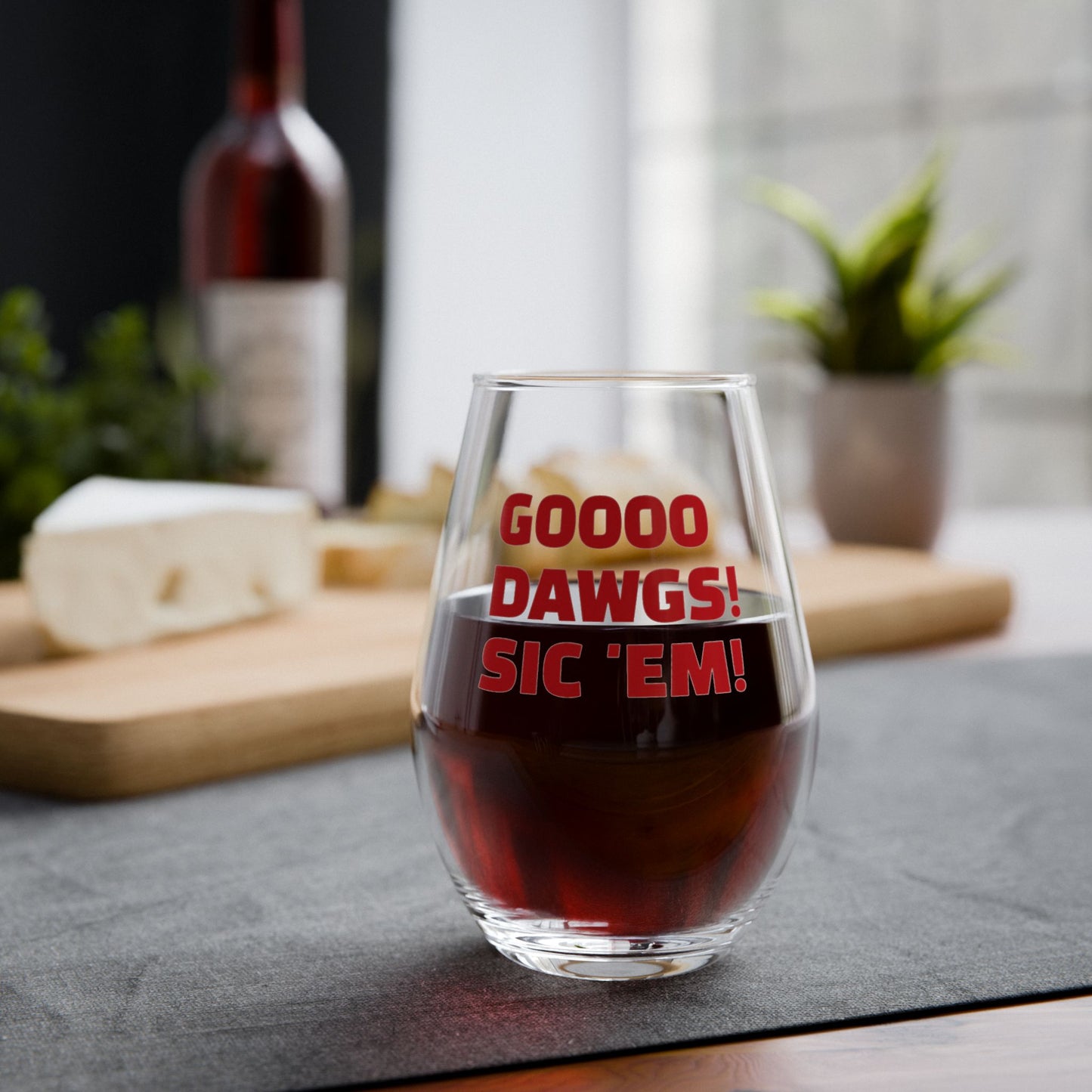 Game Day Stemless Wine Glass | Fun Drinkware for Sports Fans | Perfect for Tailgating. Featuring "GOOOO DAWGS! SIC 'EM."