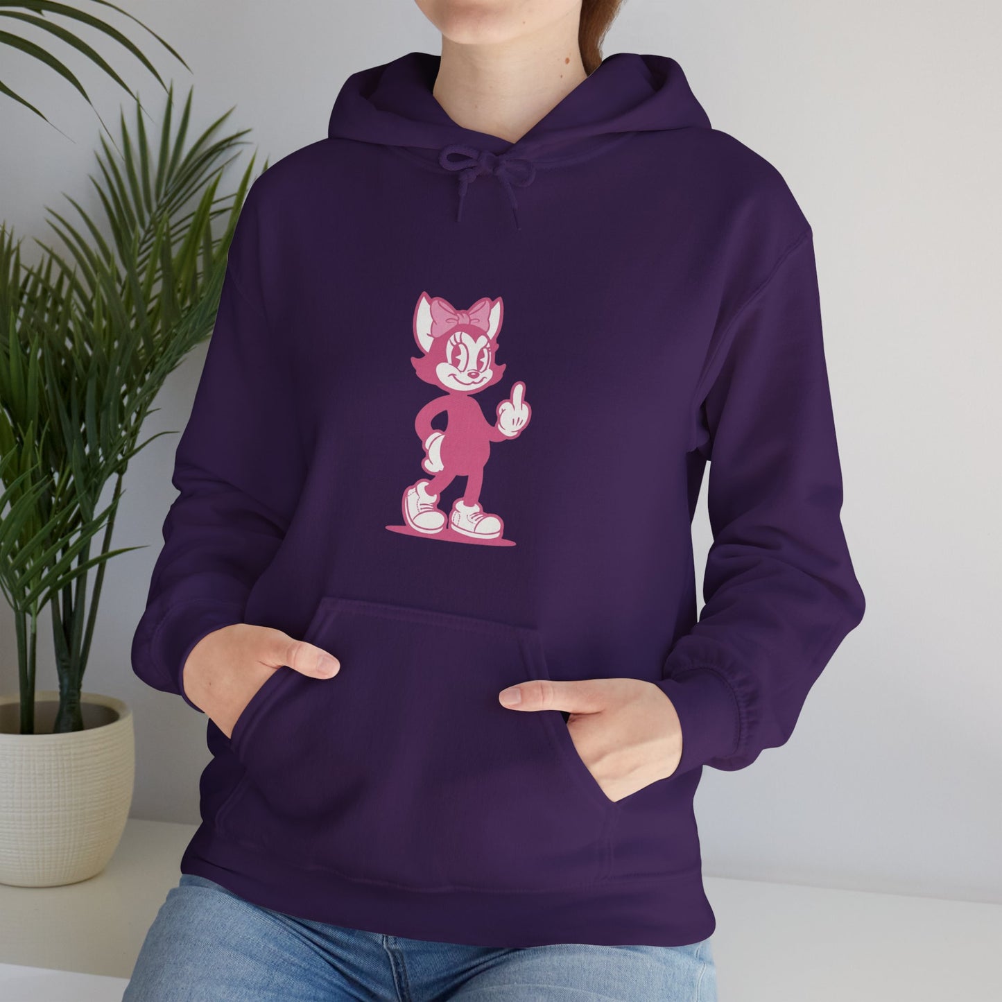 Middle Finger Retro Pink Cat Hoodie — Whimsical Cartoon Cat Sweatshirt