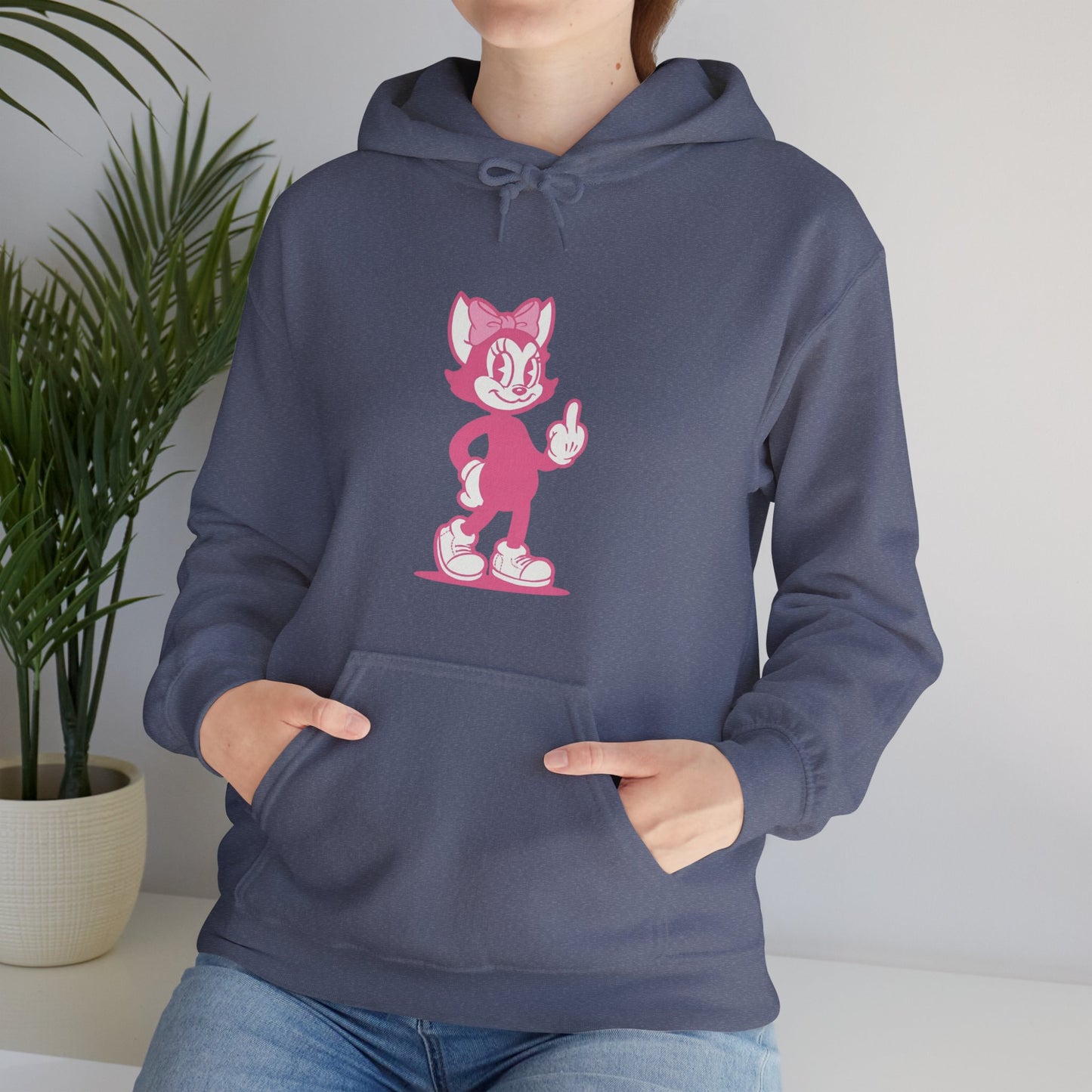Whimsical Pink Retro Cartoon Cat Hoodie — Middle Finger Graphic Streetwear