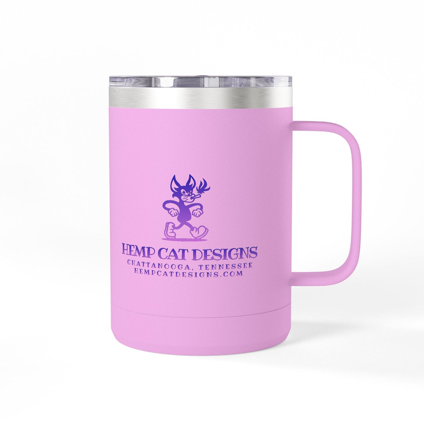 Mr. Hemp Cat 15oz Insulated Tumbler — Purple Logo Coffee Mug