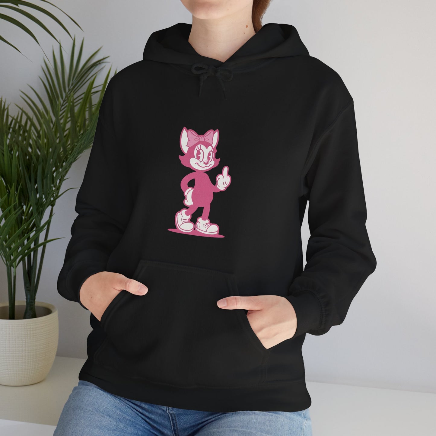 Middle Finger Retro Pink Cat Hoodie — Whimsical Cartoon Cat Sweatshirt