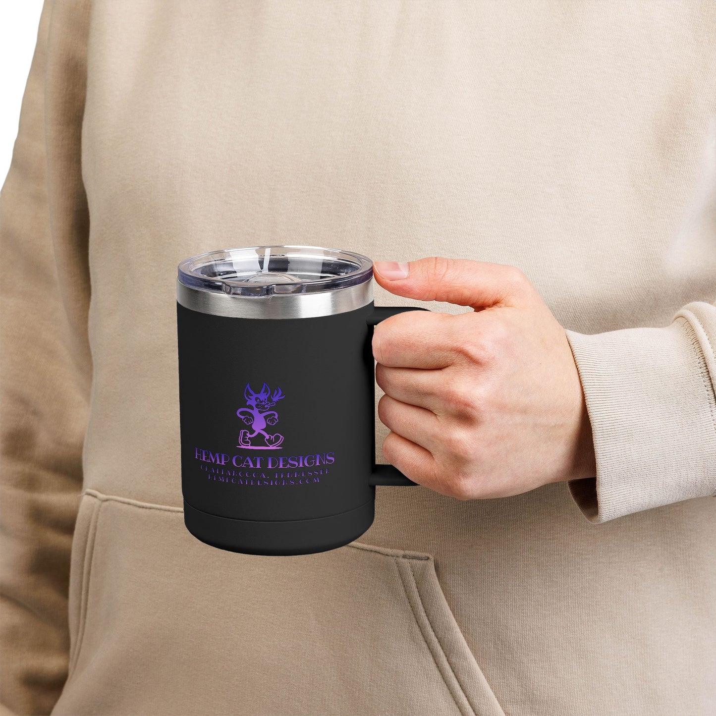 Mr. Hemp Cat 15oz Insulated Tumbler — Purple Logo Coffee Mug