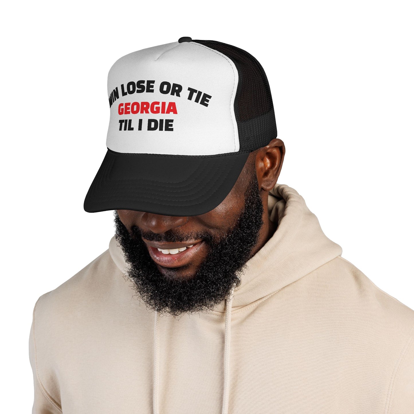 Trucker Cap with 'Win Lose or Tie Georgia Til I Die' Design