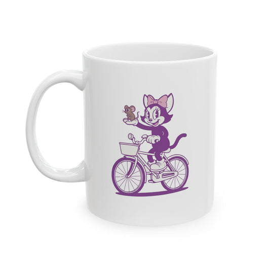 Mrs. Hemp Cat Vintage Purple Bicycle Ceramic Mug — Cat with Mouse Coffee Cup (11oz/15oz)